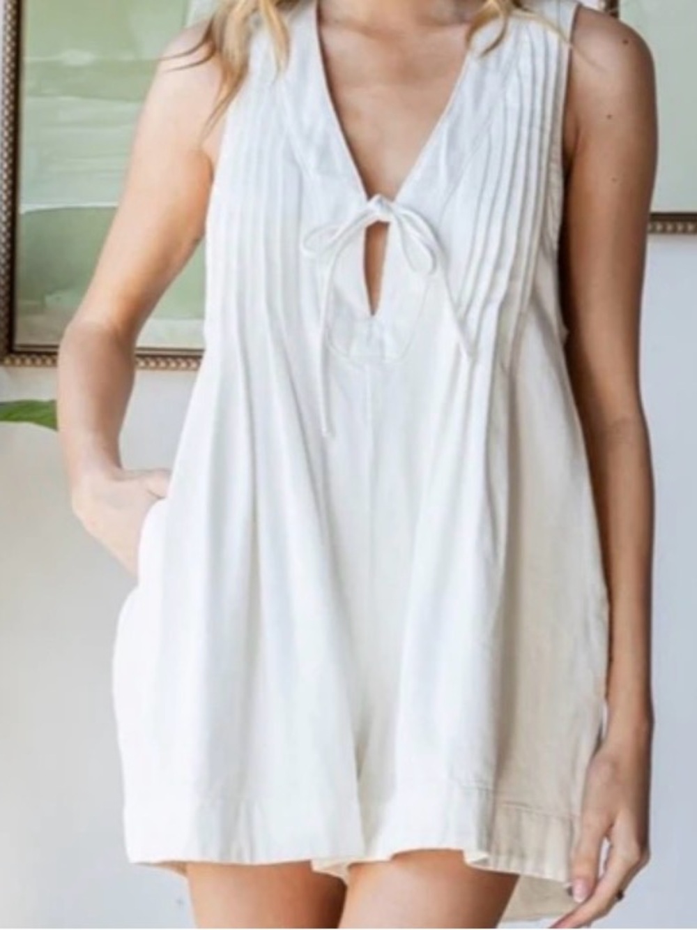 Veet White Denim Sleeveless V-Neck Romper with Pintuck Detail